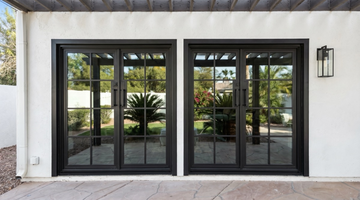 Black-grid French double patio doors by Mad Touch Glass